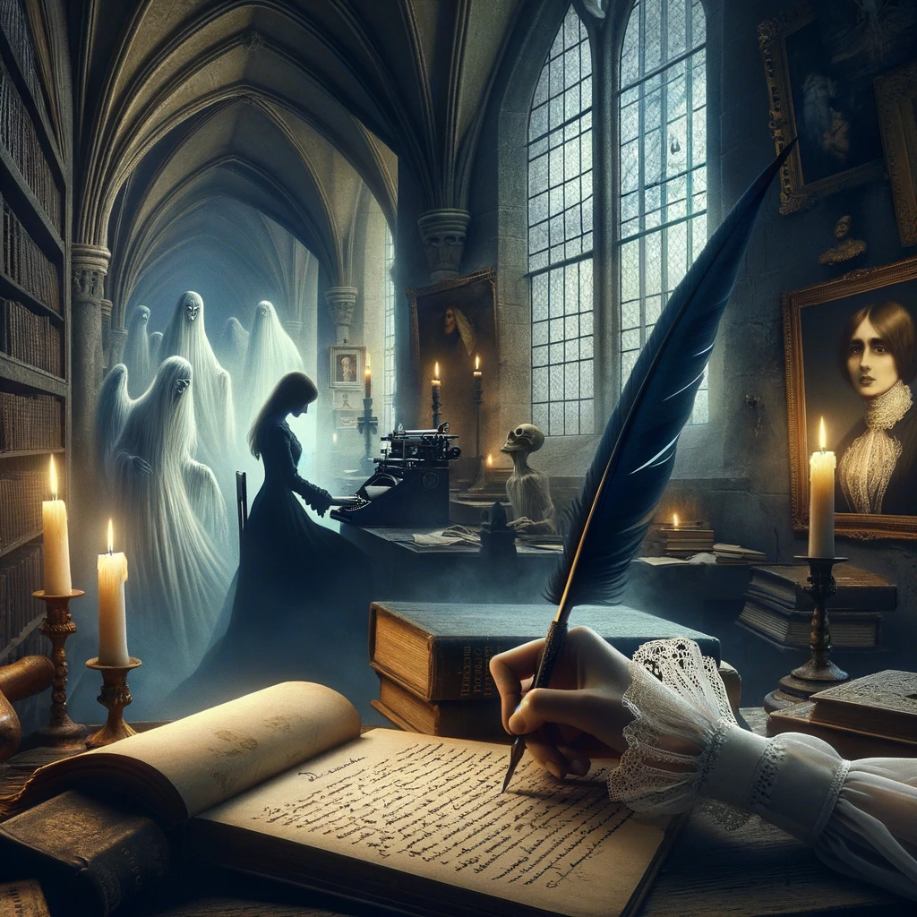 Ann Radcliffe writing with ghosts in the background